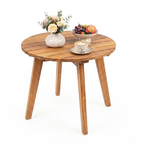 COSTWAY Beistelltisch Holz wetterfest, runder Gartentisch, Holztisch aus Akazienholz, Kleiner Balkontisch, Kaffeetisch für Garten, Balkon, Terrasse, 43 x 43 x 35 cm