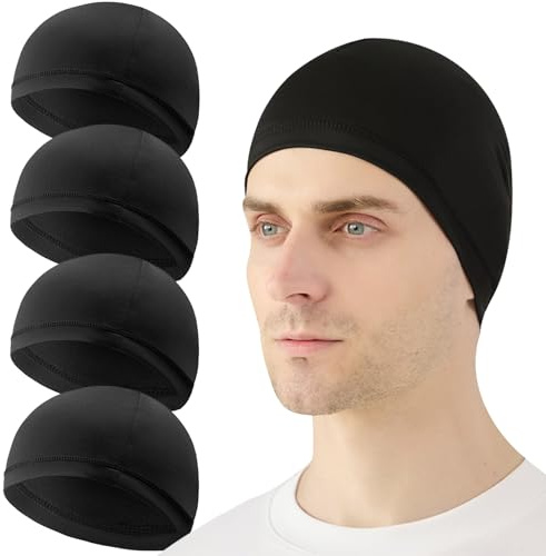 RubyTint 4 Pack Black Skull Caps Helmet Liner for Men Women, Lightweight Breathable Moisture Wicking Stretchy Beanie Hat, Sleep Cap for Running Cycling Hiking Sports (4pcs)