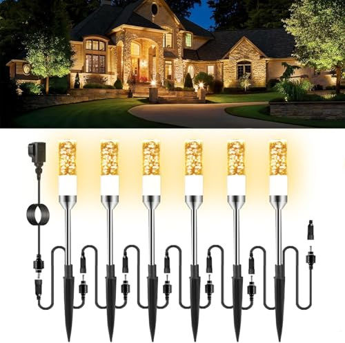 Mains Powered Garden Path Lights, 6 Pack Extendable to 24 Lights 12V Low Voltage Outdoor LED Spike Lights, IP65 Waterproof Warm White 2700K Landscape Lighting for Garden, Patio, Driveway & Christmas