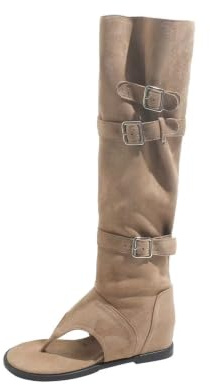 LVJMJ Dam breda vadstövlar dold klack 5,5 cm säckiga knähöga stövlar spetsig tå lår hög drag på tjock staplad häl retro Y2K motorcykel spänne remmar kaki, Khaki, 39 EU
