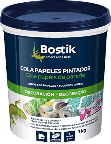 BOSTIK COLA PAPELES PINTADOS Rosa, Cola Papel Pintado Pared, Adhesivo para Empapelar, Acabado Final Transparente, Todo Tipo de Papeles Pintados, Resistente a la Humedad, Listo para Usar, Bote 1 kg