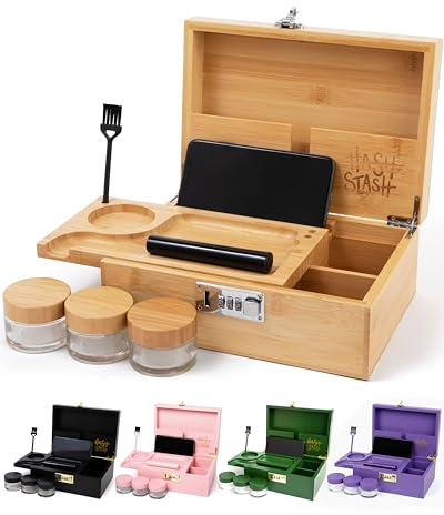 The OG Storage Box - Large Bamboo Box with Combination Lock, Magnetic Lid, Organizer Tray, Airtight Tube and 3 Smell-Proof Jars - Discreet Decorative Locking Wooden Box with Accessories (Wood/Silver)
