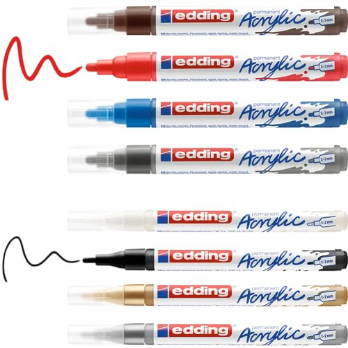 Edding Start Easy Set - Waterproof Acrylic Paint Pens; Fine and Medium Nib - Set of 8 Popular Colours - Ideal for Canvas, Wood, Rock Painting