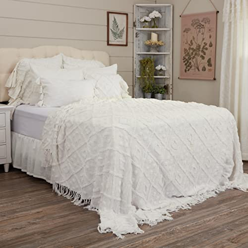 Piper Classics Harmony Tagesdecke für Doppelbetten mit Fransen, 261,6 cm L x 236,2 cm B, Bauernhaus, Boho, Vintage-Chenille-Bettwäsche, cremefarbenes Rautenmuster