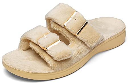 SKENIAO Fuzzy Hausschuhe mit Fußgewölbeunterstützung, orthopädische Fersenschalen, Sandalen für Damen, Aricot, 39 EU