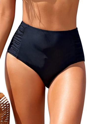 SHEKINI Womens High Waisted Bikini Bottom Ruched Side Swim Bottoms Tummy Control Swim Shorts Vintage Swimming Briefs Bathing Suit Bottom Tankini Bottoms, Black, XL