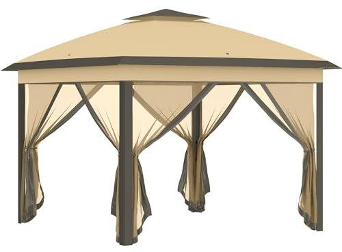 Outsunny Tonnelle Pliante tonnelle de Jardin extérieure 3,3x3,3m Pop-up Double Toit 4 moustiquaires zippées Amovibles + Sac de Transport Barnum de Jardin en Tissu Oxford métal Beige et Marron