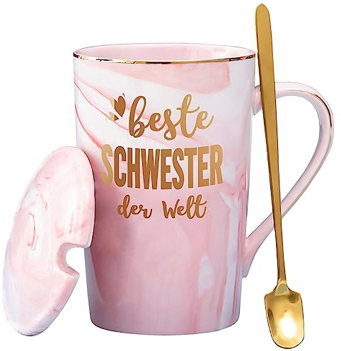 Schwester Geschenk Tasse mit Spruch 'Beste Schwester der Welt', Beste Schwester Geschenke für Geburtstag zum Schulabschluss zu Weihnachten, mit Deckel Löffel, Geschenkbox (für Schwester)