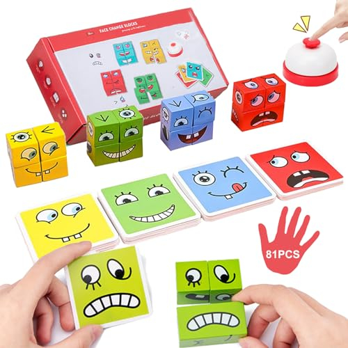 Holzwürfel Puzzle Spielzeug Magic Face Building Block Denkspiel Sensorik Bunte Holzwürfel Würfelpuzzle Spiel Puzzle Bauwürfel Holzwürfel Puzzle Kinder Ab 3 Jahren Mit Glocke（81 Stück）