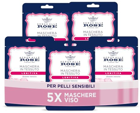 Acqua alle Rose, Maschera Viso in Tessuto Lenitiva Idratante Intensiva con Estratto di Rosa Chinensis, Ideale per le Pelli Sensibili o Secche, con Vitamina B5 Lenitiva, Nutre e Reidrata, Monouso, 5 pz