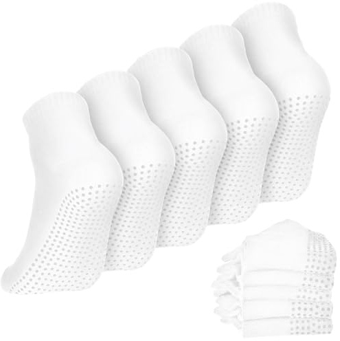 Geyoga 5 Pairs Non Slip Socks for Men Women Grip Socks with Cushion Unisex for Yoga Pilates Barre Home Workout(White)
