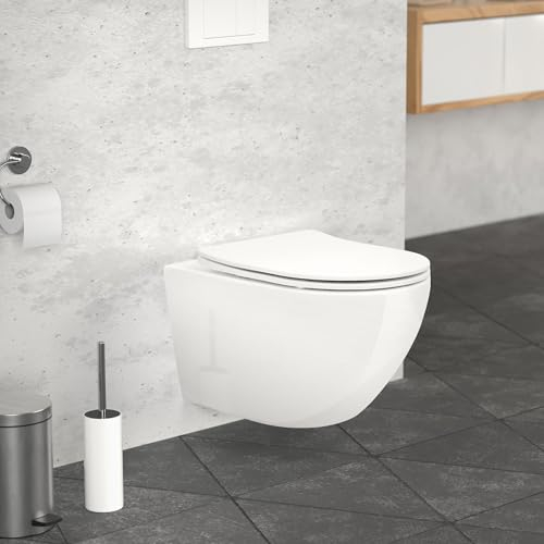 LuxeBath Wand WC Spülrandlos, Weiß, Tiefspüler Keramik Hänge WC lang 54 cm, Toilette ohne Spülrand mit Softclose-Klodeckel, Tornadospülung, Glänzende Kloschüssel Hängend mit WC-Sitz Absenkautomatik