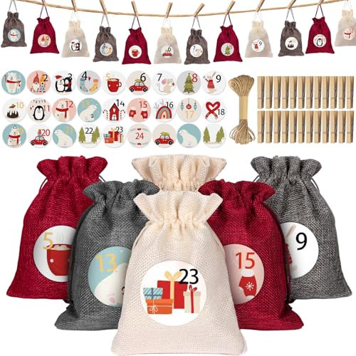 Kiaitre Adventskalender zum Befüllen Stoff, 24 Weihnachtskalender Selber Befüllen, 12 x 16cm Jutesäckchen Säckchen Groß mit 24 Weihnachtsaufkleber & Klammern und 10M Hanfseil für DIY Weihnachtsdeko