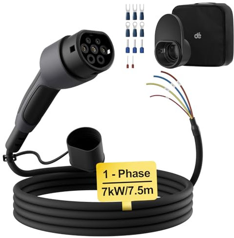 dé Cable de Carga Tipo 2 de Extremo Abierto 7kW [1-Fase|7,5m|32A] para Wallbox/Cable de reemplazo para estación de Carga