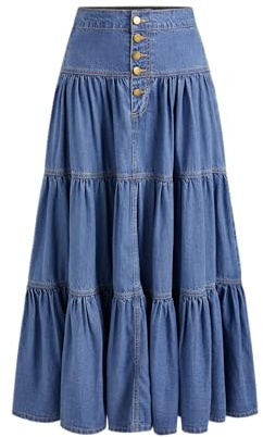 CIDER Women’s Long Jean Denim Tiered Button Down High Waisted Maxi Skirts: Mid Blue, L
