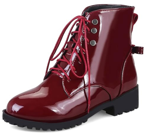 Klarmar Mujer Invierno Charol Combat Botas Militares Punta Rojoonda Exterior Warm Block Mid Botas Lazostie Ankle Botín Vino Rojo Talla 39 EU/40 CN/25CM
