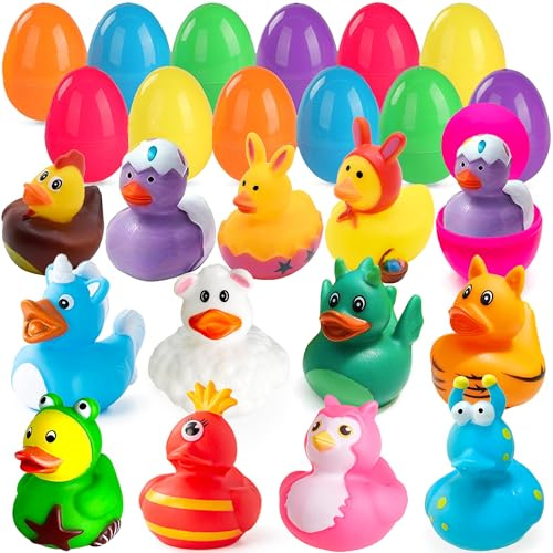 Chennyfun 12Pcs Easter Eggs Filler y Patitos de Goma Baño, Colorido Patos de Goma con Forma de Animal, Juguetes de Piscina de Baño, Huevos Sorpresa Juguetes, Fiestas de Cumpleaños Regalos para Niños