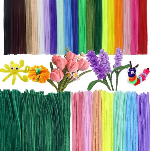 CBRVTY Set mit 300 Pfeifenreiniger Blumen 28 Farben, 100 Stück 20 Standardfarben, 100 Stück 7 Macaron-Farben, 100 Stück Dunkelgrüne Pfeifenputzer zum Basteln