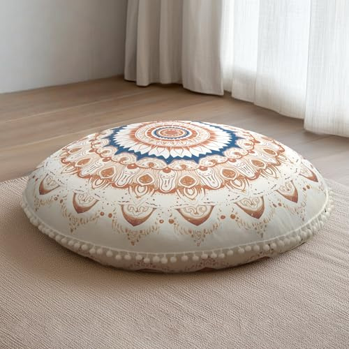 DAWNYIELD Coussin de Méditation Ronds, Coussin de Sol Ergonomique avec Housse Amovible et Lavable, 80 cm Grand Coussin de Yoga pour Adultes avec Accents Pompons, Usage Intérieur/Extérieur, Marron