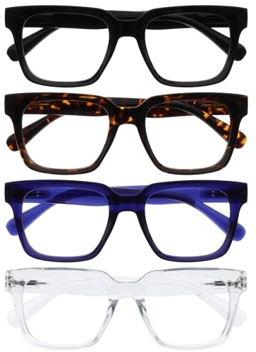 OPULIZERA Gafas de Lectura de Bloqueo de Luz Azul para hombre y mujer, Lentes Antirreflectante y Antideslumbrante, Protección UV, Pacquete de 4 Negro Marrón Azul Claro +3,00