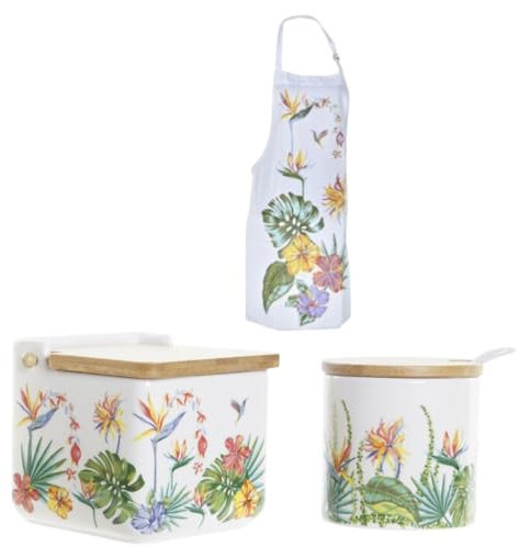 MAGMAHOME salero y azucarero de cocina con tapa de madera de bambú abatible - saleros de cocina de ceramica - saleiro cozinha Set de azucarero y salero cocina- incluye delantal y paño a juego