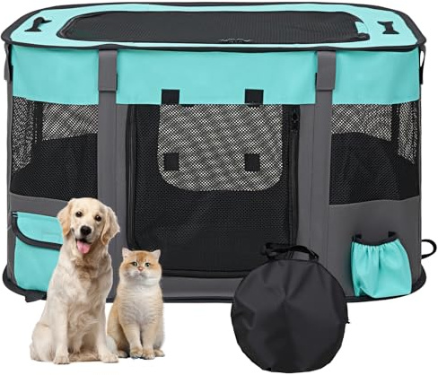 The Fellie Pet Playpen, Foldable puppy Pen for Indoors,Portable Medium Pet Play Pen with Waterproof Oxford, Travel Cat Tent Exercise Kennel for Rabbit Run, Green, 81 * 65 * 56CM