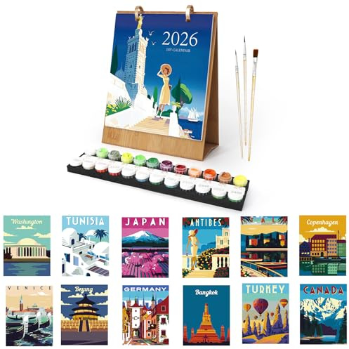 Calendrier de table 2026, peinture par numéros, paysage, calendrier de table DIY 2026, à poser, avec pinceaux, peinture acrylique et base, pour cadeaux et décoration de la maison 06