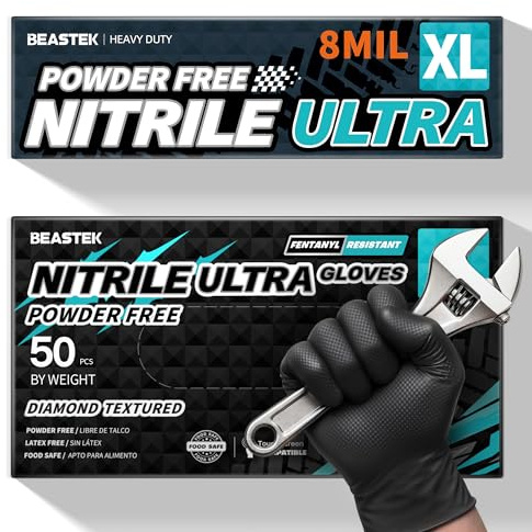 Beastek Nitrile Disposable Gloves, 8 Mil Powder Free Latex Free Chemical Resistant Heavy Duty Food Safe Diamond Gloves, Black 50 Pcs (X-Large)