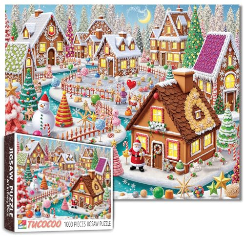 Candy House Village Puzzle de 1 000 pièces pour adultes et étudiants 50,8 x 68,6 cm Pain d'épices Noël Hiver Wonderland Sweet Treats Père Noël Bonhomme de neige Cadeau créatif en famille Défi amusant