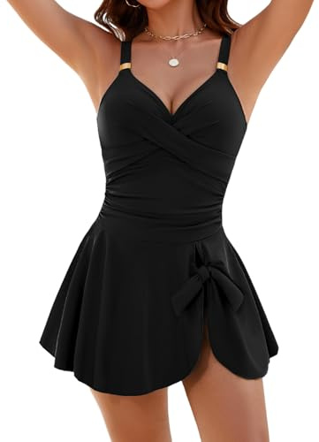 FemiChic Maillot de Bain Femme 1 Pieces V Neck Ruched Gainant Ventre Plat Swimsuit Push Up Rembourré avec Bandoulière Réglable Swimdress(Noir,M)