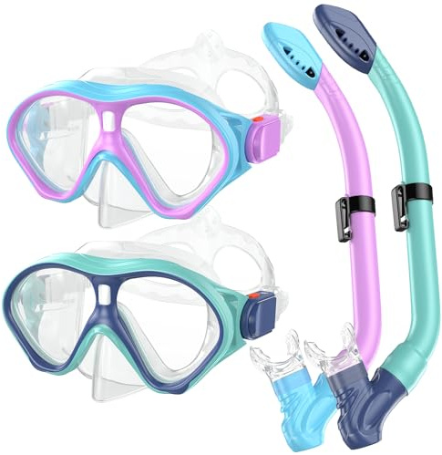 Gintenco Kids Snorkel Set, Diving Mask Dry Top Snorkel Set Kids 4-16 | Anti-Fog Panoramic Snorkel Mask Impact Resistant Tempered Glass, Snorkelling Gear with Breathing Tube for Youth Girls Boys
