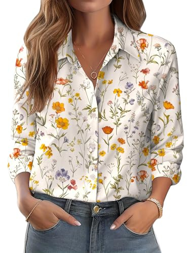 Zeagoo Damblus, elegant, färgglad, långärmad, blommor, skjortblus, button-down skjorta, vår, sommar, bussiness blus, basic, strykfri topp