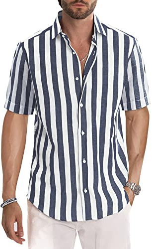 JMIERR Men's Shirts Striped Casual Cotton Short Sleeve Button Down Holiday Vacation Dress Shirt,Dark Blue,L