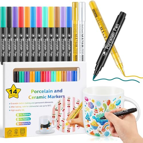Sinmoe Juego de 14 Rotuladores para Porcelana Aptos para Lavavajillas – Marcadores para Decorar Cerámica, Vidrio y Piedra, con Oro y Plata, Fijación con Calor