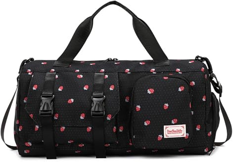 Sportväska barn resväska dam med skofack och våtfack resväska med jordgubbsmönster flicka simväska stor kapacitet handbagage väska för resor fitness sport skola, svart, 47 x 25 x 26 cm, Klassisk
