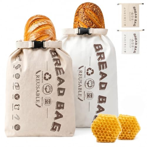Lot de 2 sacs à pain en cire d'abeille réutilisables - 43 x 33 cm - Pour le stockage du pain, du pain fait maison, de la pâte à sure, en coton bio naturel