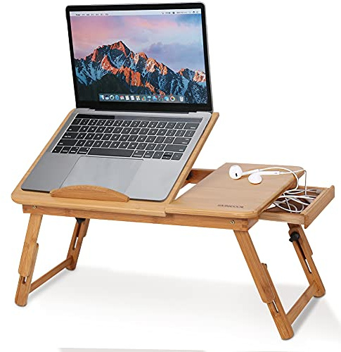 laptop-skrivbord, fällbart sängbord för bärbar dator justerbart laptop-knäbricka skrivbord för bärbar dator frukost servering sängbricka med baffellåda kopp plats spår kylhål, justerbar