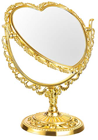 FOMIYES 1 espejo de maquillaje de doble cara para mesa de plástico, espejo retro con forma de corazón con flor hueca en relieve para aparador, escritorio, baño, dormitorio (dorado)
