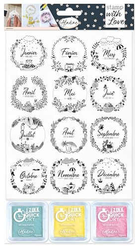 Aladine - Kit 12 Tampons & 3 Encreurs - Mois Couronnes - Saisons Calendrier Mois de l’Année - Pour Scrapbooking, Carterie, Loisirs Créatifs - Bleu, Jaune, Rose - 03629
