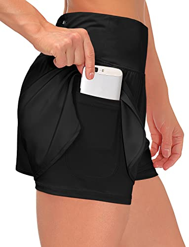 Tincini Women’s 2 in 1 Shorts Summer Running Shorts Gym Workout Athletic Gym Yoga Shorts Liner Jogging Pants Sports Quick Dry Training Joggers Shorts (A Black, XXL)