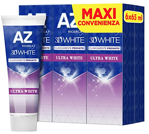 Dentifricio AZ 3D White Ultra con Azione Sbiancante, Clinicamente Testato, Pulizia Denti Profonda, Rimuove fino all'87% le macchie superficiali, Maxi Formato da 6 Confezioni X 65ml