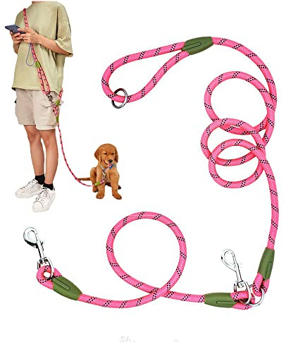 Guinzaglio per Cani a Mani Libere, Corda Doppia, 1,2 cm, Nylon Riflettente, Rosa, Per Cani di Piccola e Media Taglia
