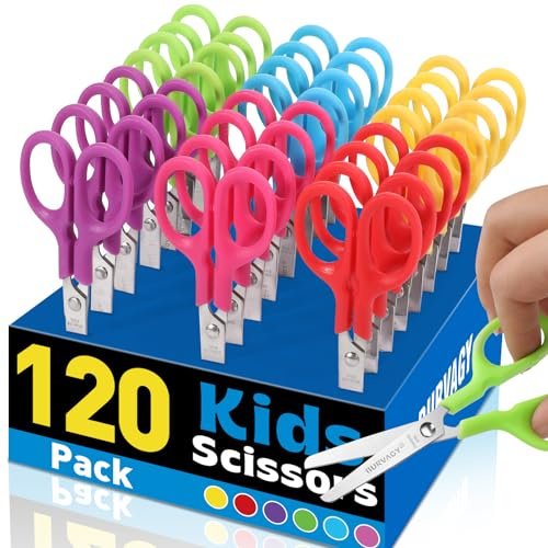 BURVAGY 120Pack 5 Small School Student Blunt Craft Kids Scissors, Sharp Stainless Steel Blades Safety Comfort Grip Scissors for Kids Children Cutting Paper, 5Inch