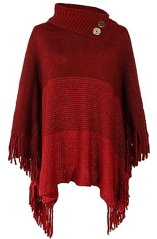 JFAN Poncho Femme Hiver Chaud Cape Femme Hive Tricot Ponchos en Maille Pull à Col Roulé Châle Grande Taille à Franges,Rouge,Taille unique