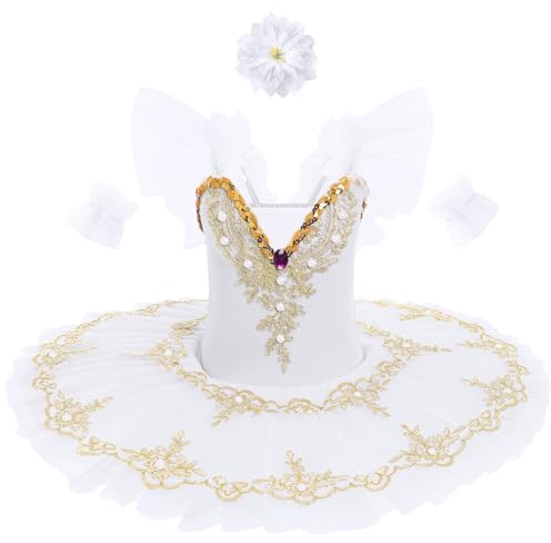 IDOPIP Girls' Ballet Performance Dress Ballet Pancake Tutu Kids Little Swan Dance Costume Ruffle Sleeve Lace Embroidered Sequins with Hair Clip White 150