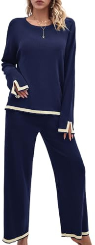 OLIPHEE Completi da Donna 2 Pezzi Tuta Donna Maglieria Pantaloni a Gamba Larga a Maniche Lunghe Elegante Set da Donna in Due Pezzi Eleganza Turismo Donna Outfits per Le Vacanze Blu scuro S