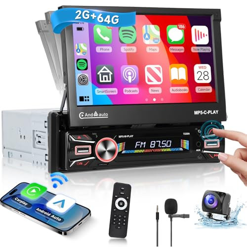 4Core+64G Android Single Din Flip Out Car Stereo Carplay Android Auto, Hodozzy 7 Motorized Flip Out IPS Touchscreen Single Din Car Radio with GPS Wifi Bluetooth EQ SWC Camera+USB/TF/Aux Ports