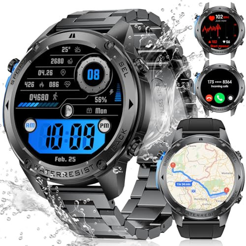LIGE Smart Watch for Men GPS with 5ATM Waterproof, 500mAh Large Battery Military Smartwatch with Compass/Barometer/Altitude, 1,43 AMOLED Mens Fitness Watch Bluetooth Call for Android iOS, Black