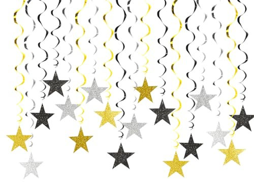 Xvbhaq Lot de 24 serpentins argentés, dorés, noirs, tourbillons, décoration d'étoiles, guirlande de spirales, décoration de fête, à suspendre pour anniversaire, carnaval, Nouvel An, Noël, remise de