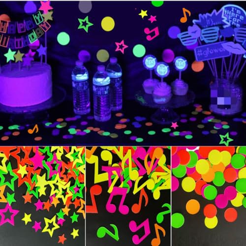 KARLOR 300 pezzi di coriandoli al neon, 100 stelle + 100 note musicali fluorescenti, decorazione per feste di carta, accessori per feste, luce nera fluorescente, coriandoli decorativi, luci sotto la